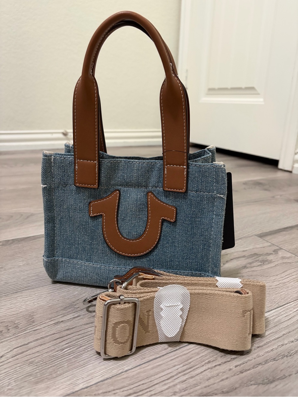True Religion Denim Mini Bag with Brown Leather Trim